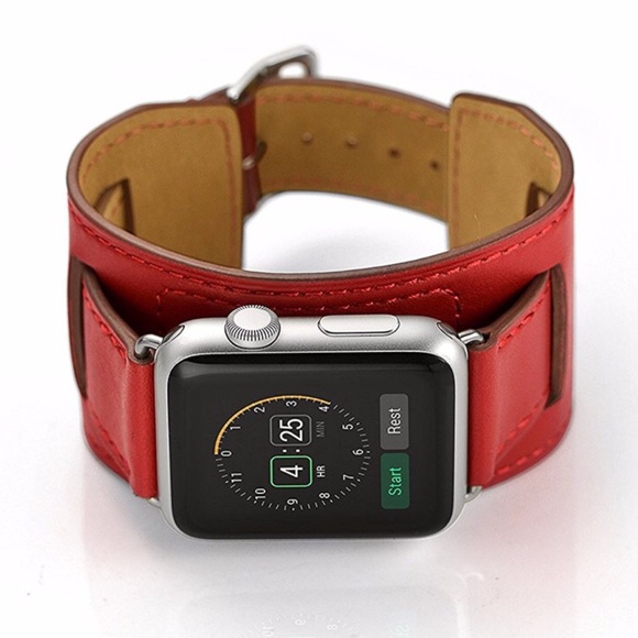 Vegan Leather Red Double Cuff Watchband for Apple - Picture 2 of 13